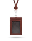 Leather lanyard ID card holder, dark tan, front