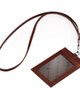 Leather lanyard ID card holder, dark tan, with strap