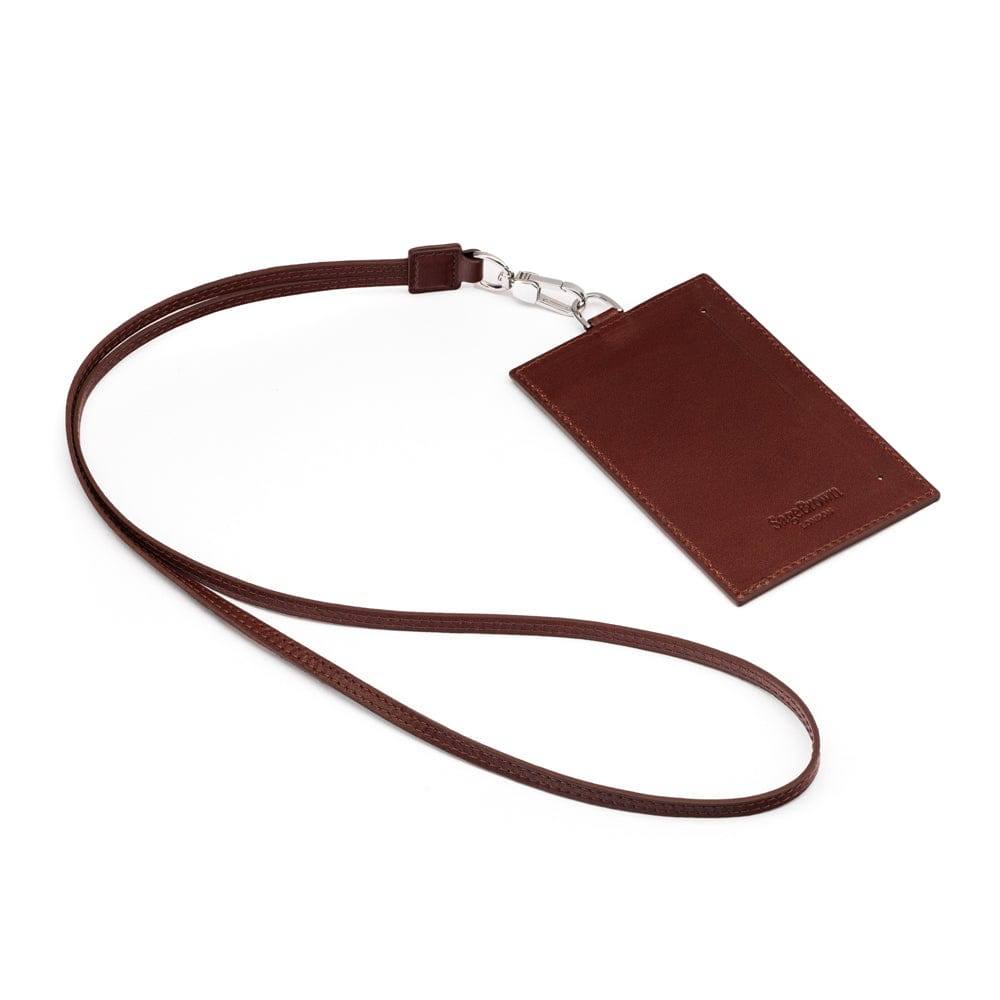 Leather lanyard ID card holder, dark tan, back view