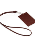 Leather lanyard ID card holder, dark tan, back view