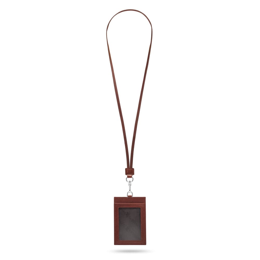 Leather lanyard ID card holder, dark tan, full length