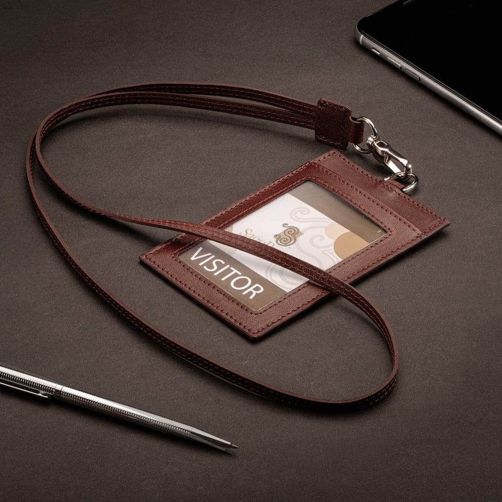 Leather lanyard ID card holder, dark tan, lifestyle