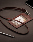 Leather lanyard ID card holder, dark tan, lifestyle