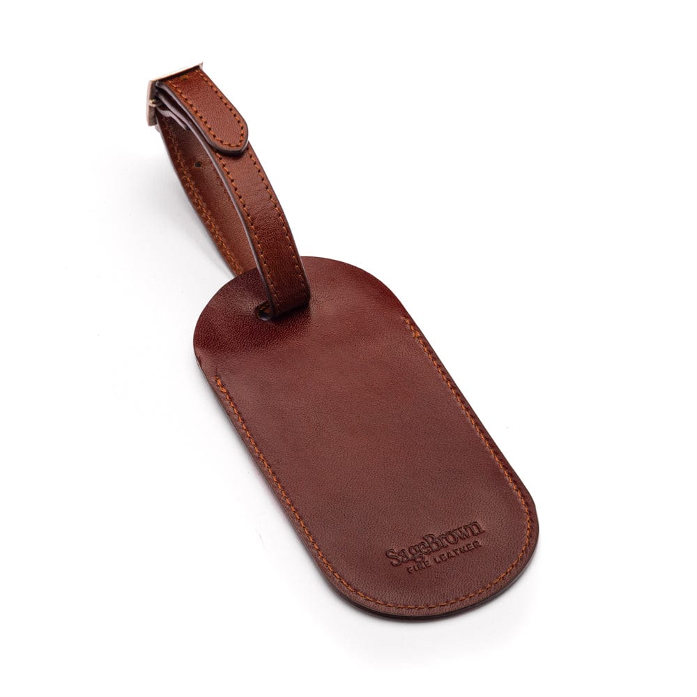 Leather luggage tag, dark tan, back