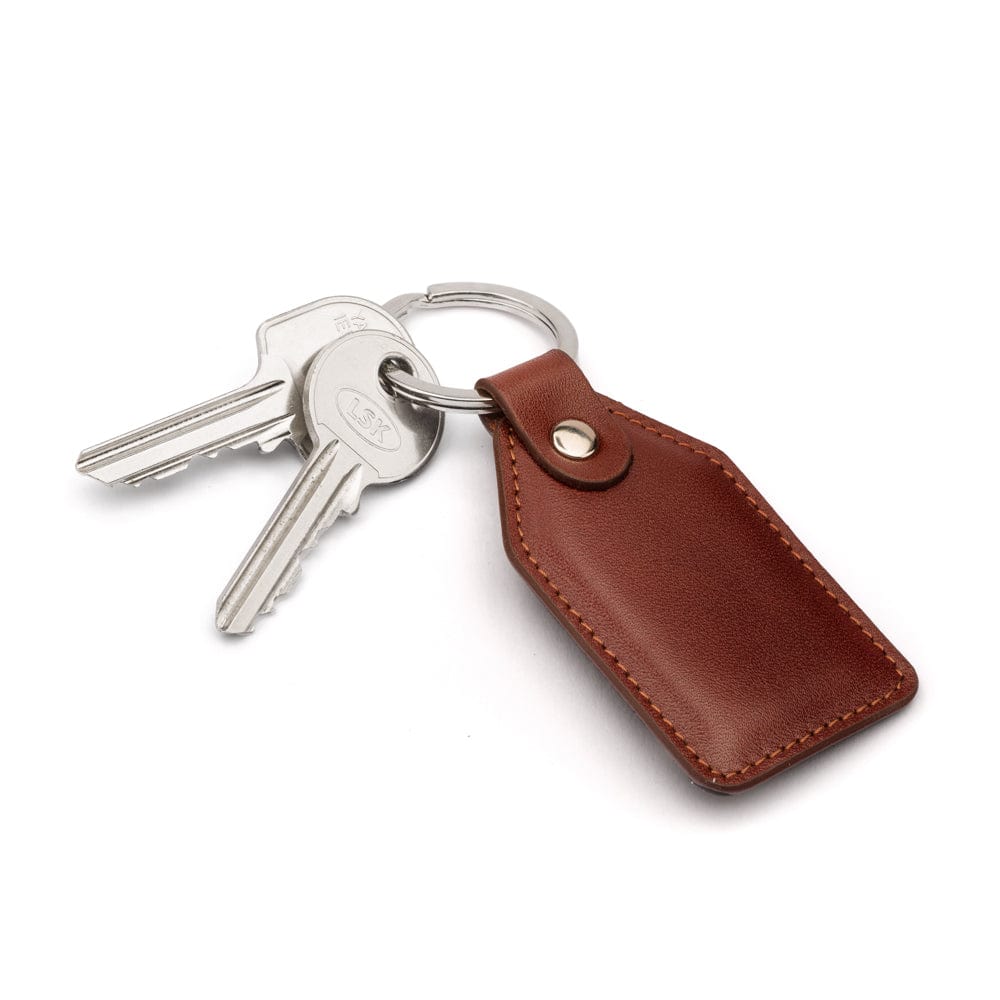 Rectangular leather key fob, dark tan, front