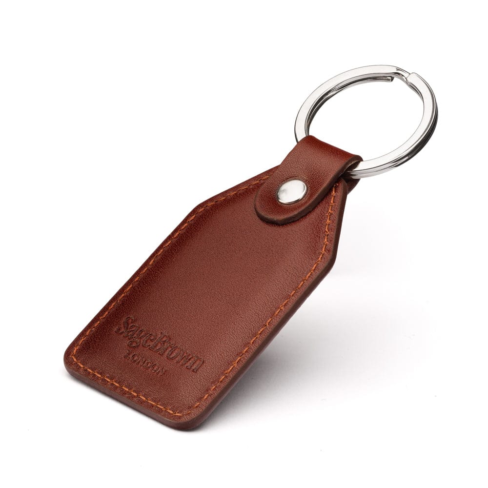 Rectangular leather key fob, dark tan, back