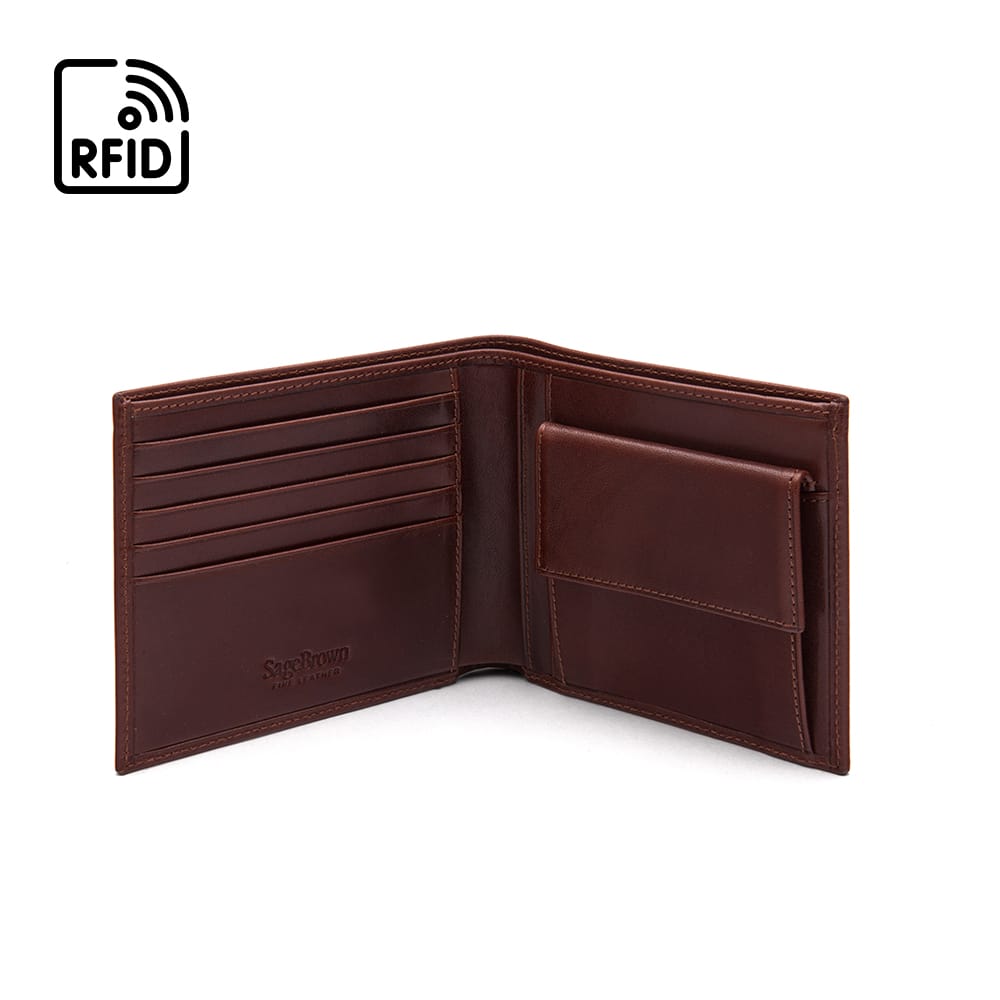 RFID leather wallet with coin purse, dark tan , open