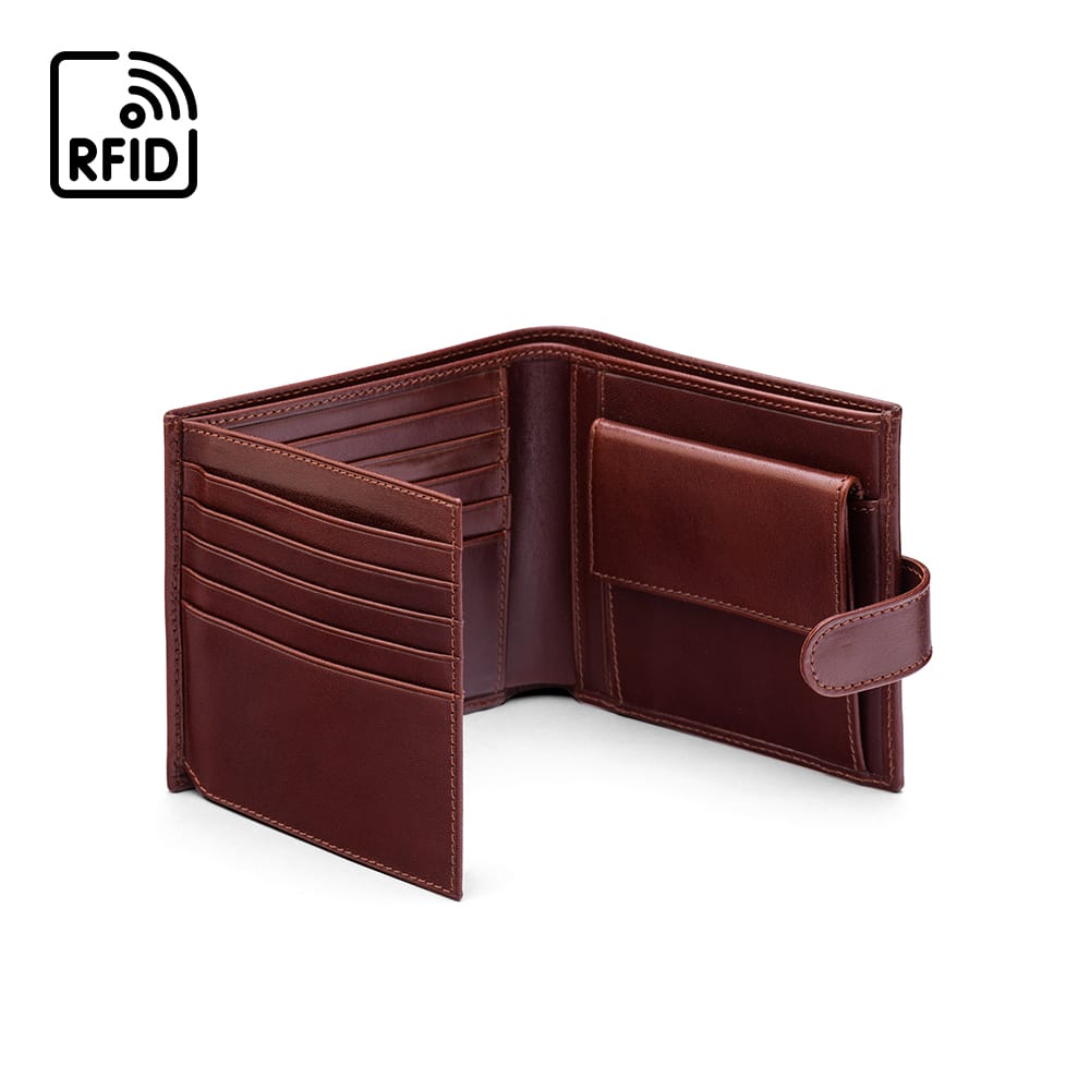 Leather RFID wallet with coin purse, ID and tab closure, dark tan, open