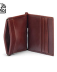 Leather money clip wallet with coin purse, dark tan, open