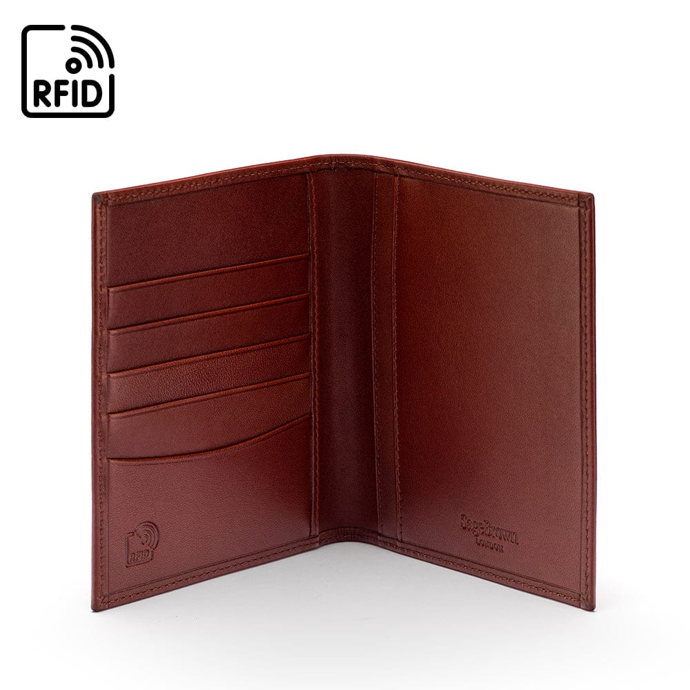 RFID leather passport holder, dark tan, inside view