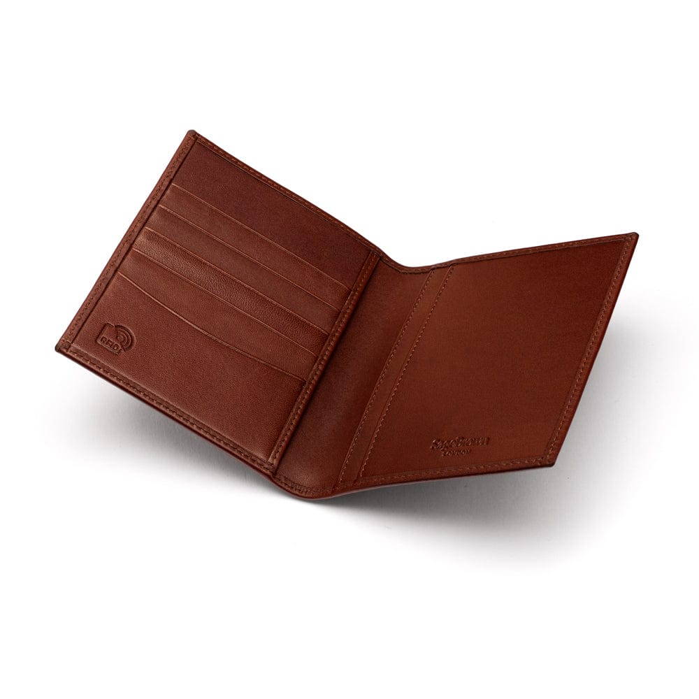 RFID leather passport holder, dark tan, open