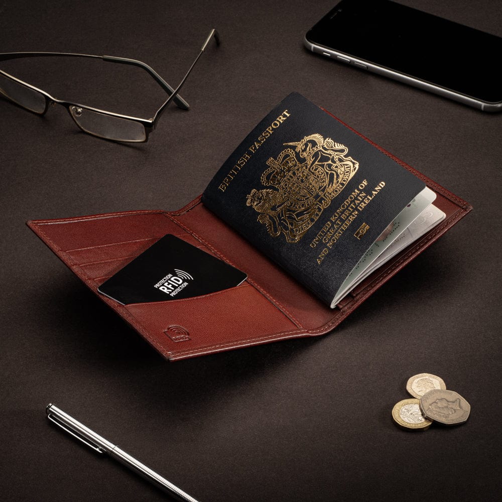 RFID leather passport holder, dark tan, lifestyle