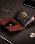 RFID leather passport holder, dark tan, lifestyle