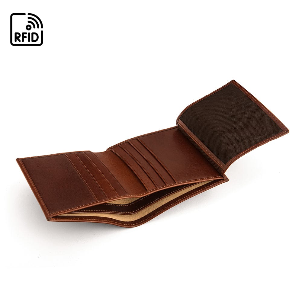 RFID leather wallet with ID, 9 CC, dark tan, open