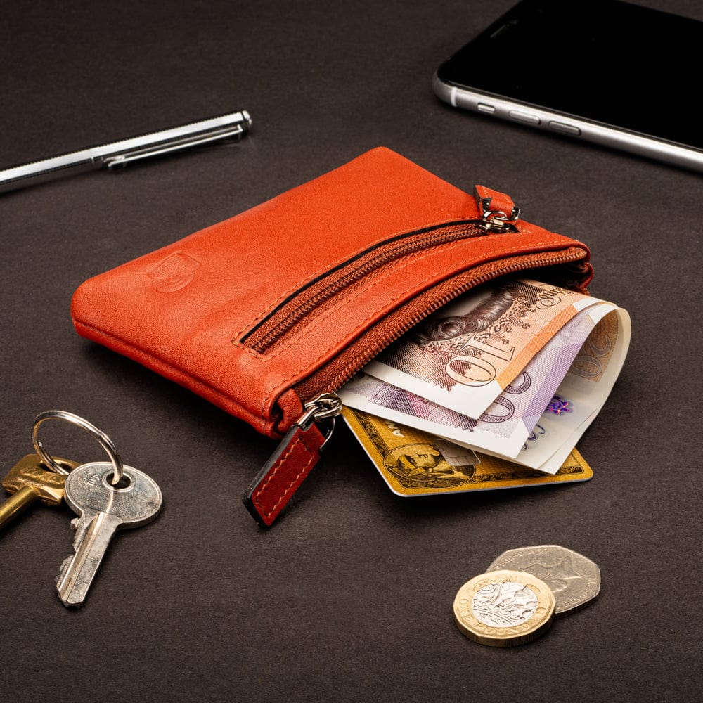 RFID Small leather zip coin pouch, havana tan, lifestyle