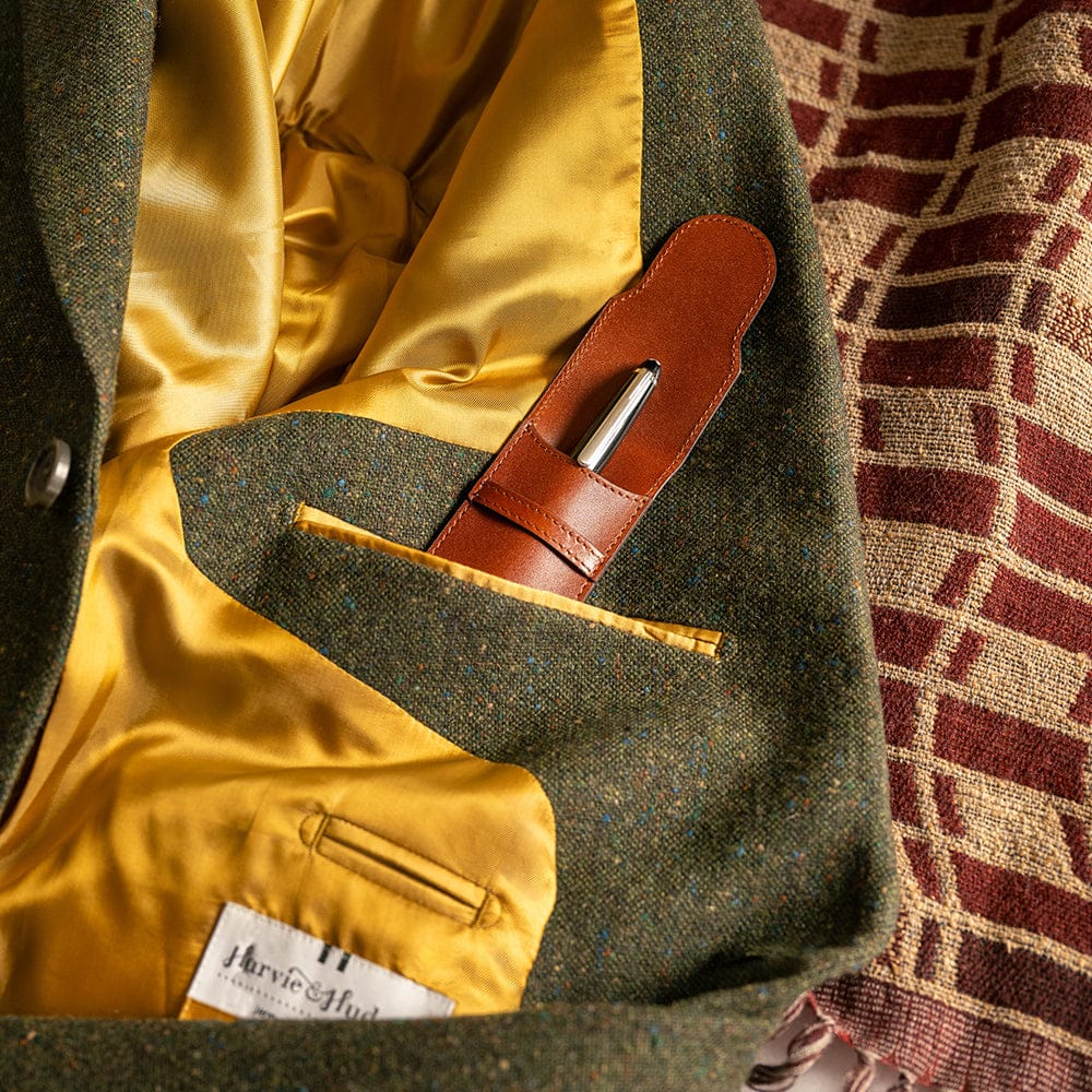 Single leather pen case, dark tan, lifestyle