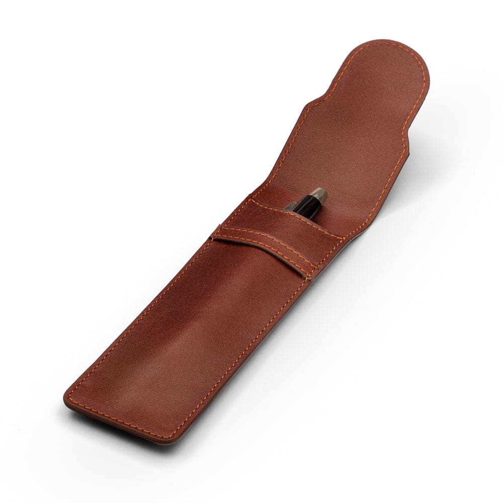Single leather pen case, dark tan, open