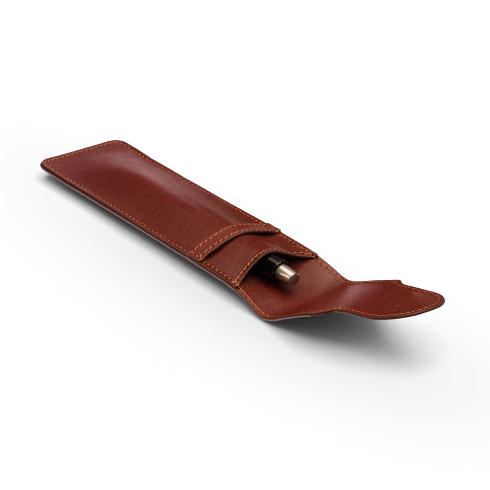 Single leather pen case, dark tan, inside