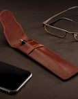 Single leather pen case, dark tan, lifestyle