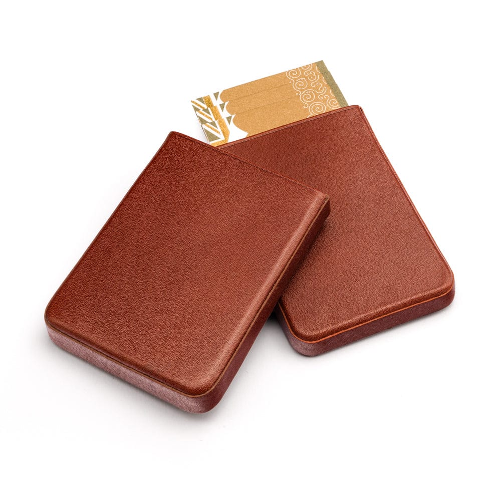 Pull apart business card holder, dark tan, open