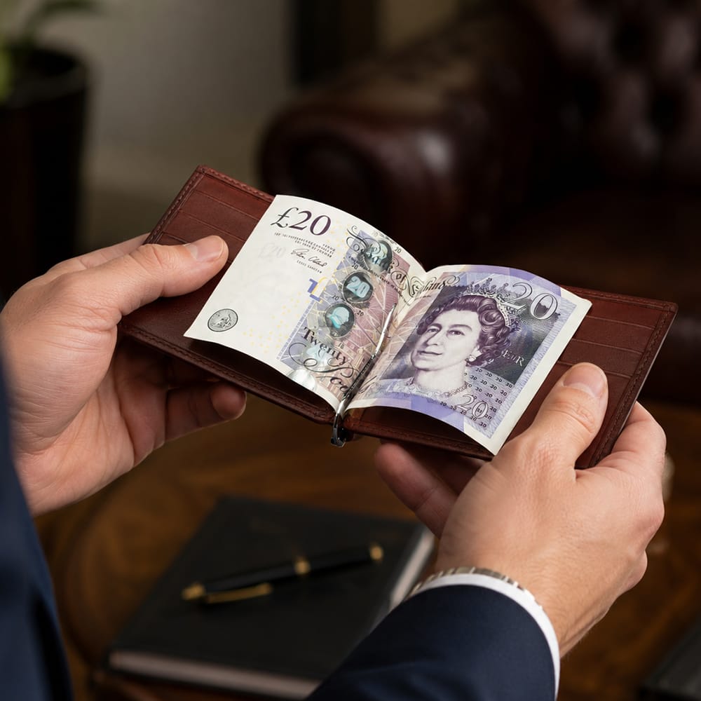 Leather money clip wallet, dark tan,  lifestyle