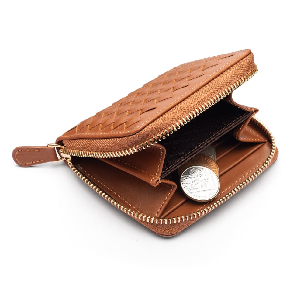 Small zip around woven leather accordion purse, tan, inside