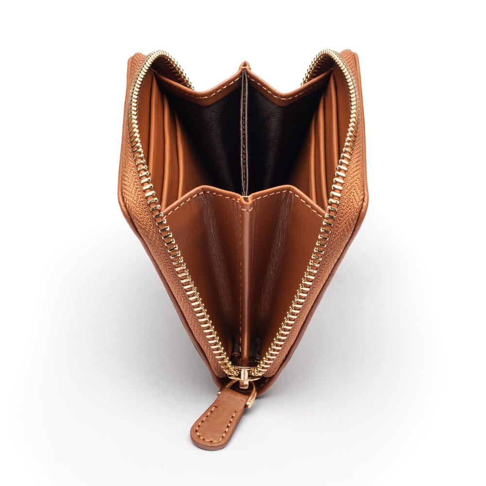 Small zip around woven leather accordion purse, tan, side