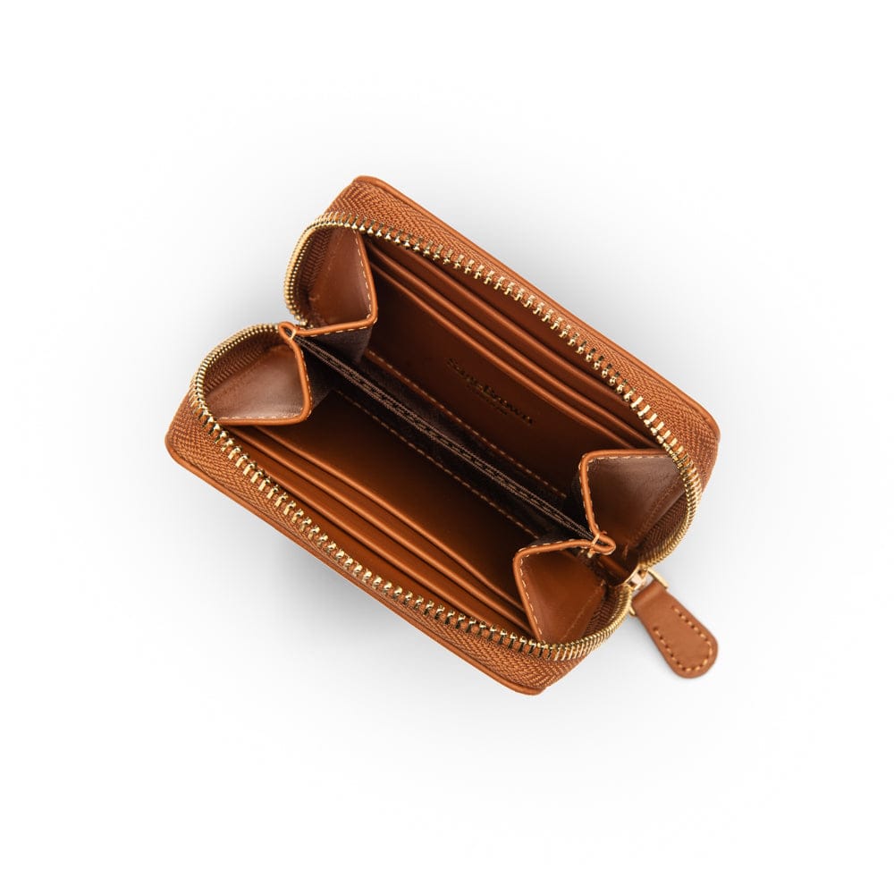 Small zip around woven leather accordion purse, tan, open