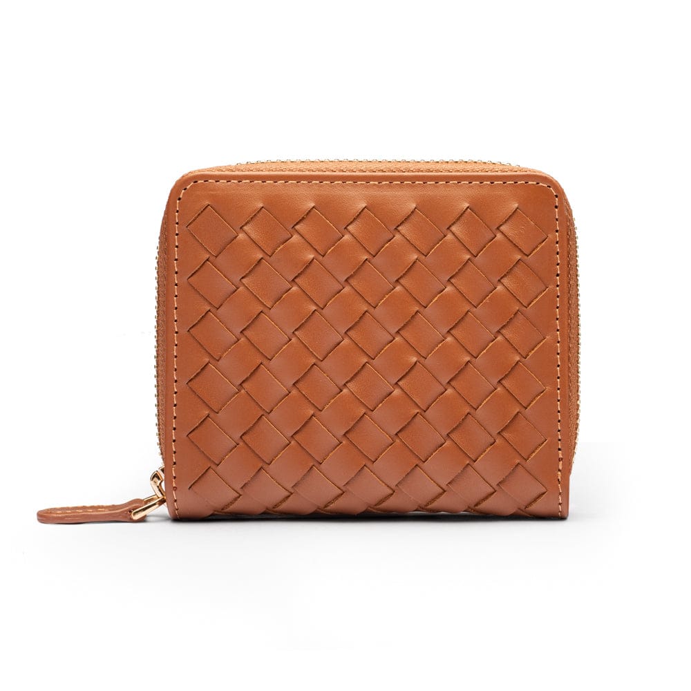 Small zip around woven leather accordion purse, tan, back