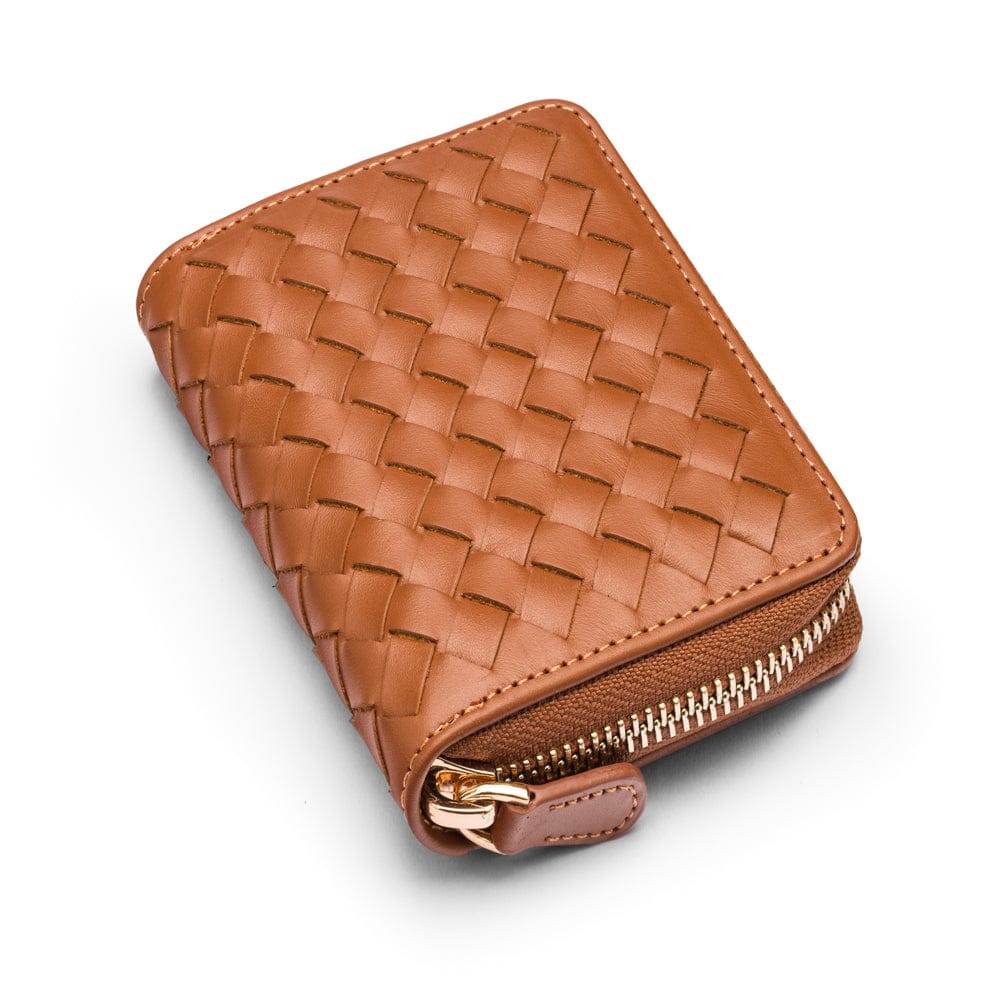 Small zip around woven leather accordion purse, tan