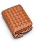 Small zip around woven leather accordion purse, tan