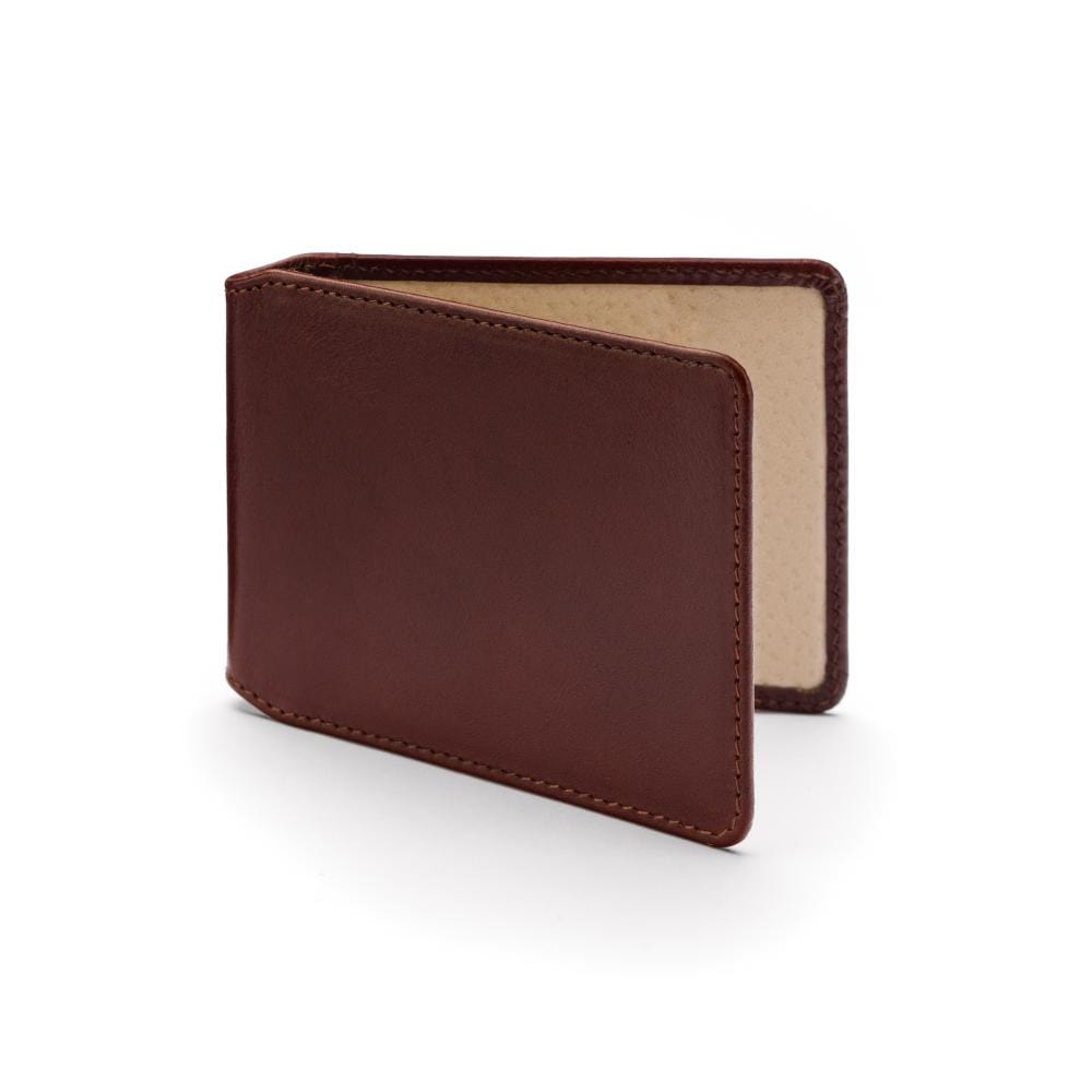 Leather Oyster card, dark tan with cream, front