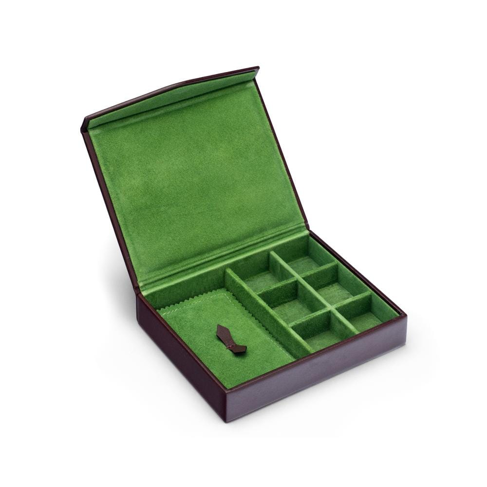Large Leather Accessory And Cufflink Box, Brown With Lime, inside