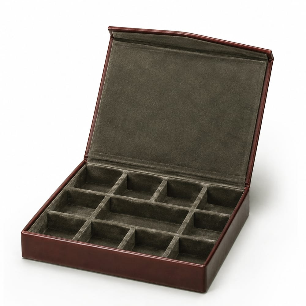 Large Leather Cufflink And Jewellery Box, Dark Tan With Green, inside