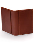 Leather travel card wallet, dark tan with green, back