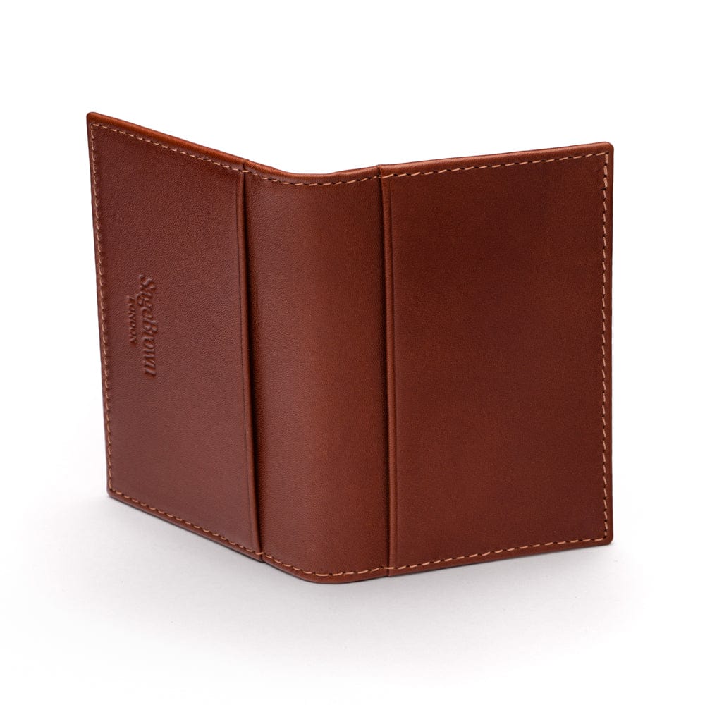 Leather travel card wallet, dark tan with red, back