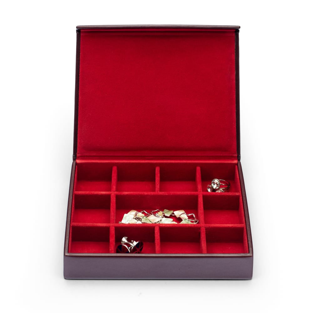 Large Leather Cufflink And Jewellery Box - Dark Tan With Red, open