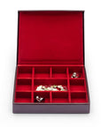 Large Leather Cufflink And Jewellery Box - Dark Tan With Red, open