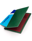 Leather travel card wallet, emerald green with red, front