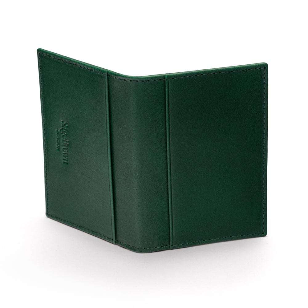 Leather travel card wallet, emerald green with red, back