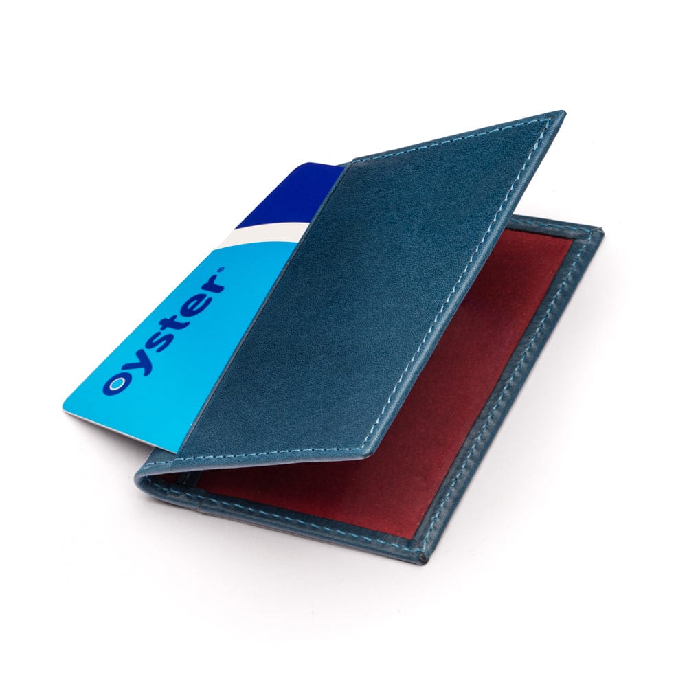 Leather travel card wallet, blue with red, front