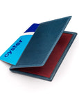 Leather travel card wallet, blue with red, front