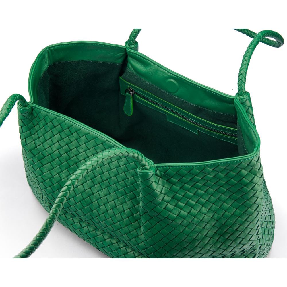 Woven leather slouchy bag, emerald, open