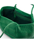 Woven leather slouchy bag, emerald, open
