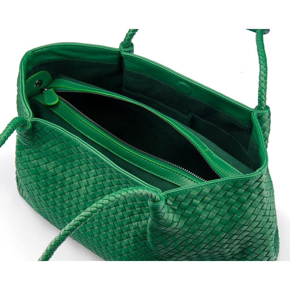 Woven leather slouchy bag, emerald, inside