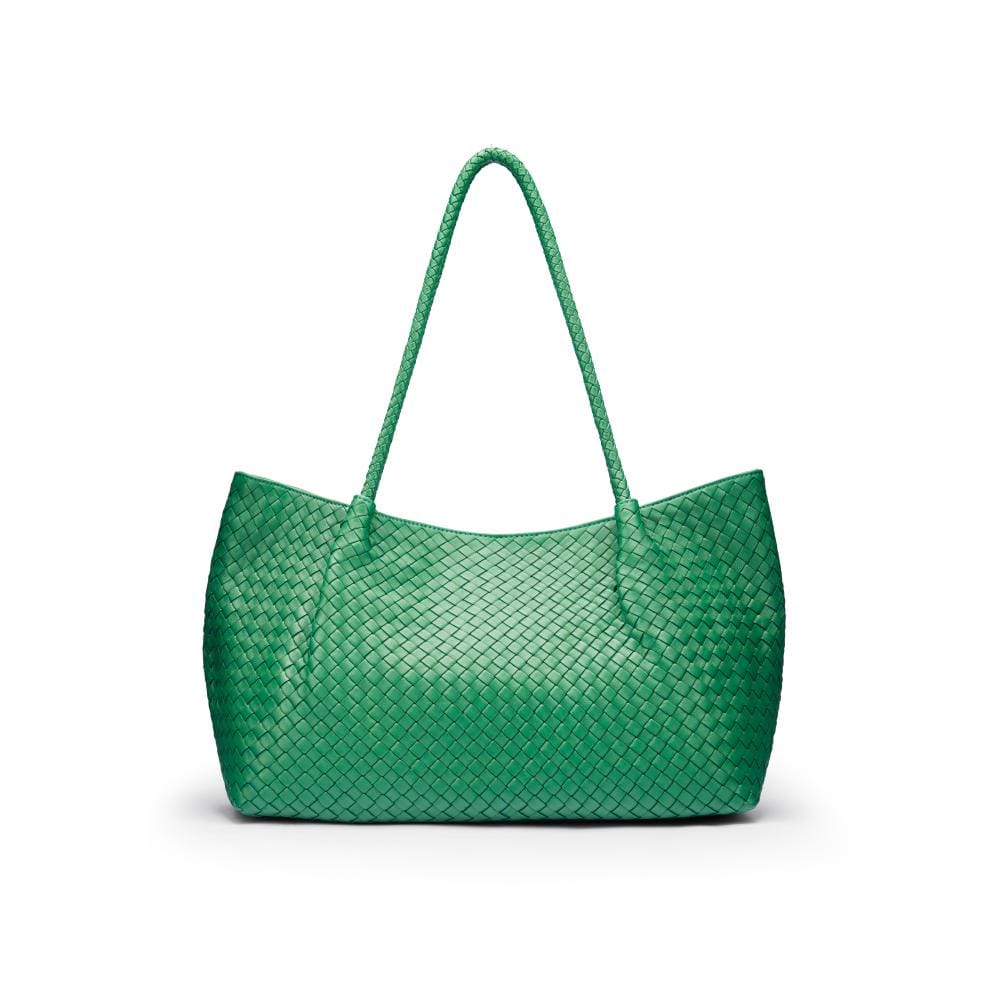 Woven leather slouchy bag, emerald, front view