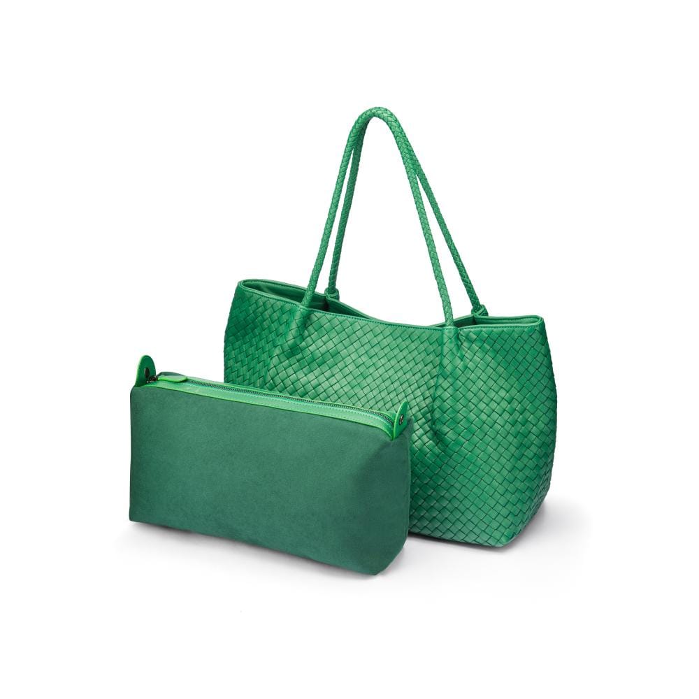 Woven leather slouchy bag, emerald, detachable inner bag
