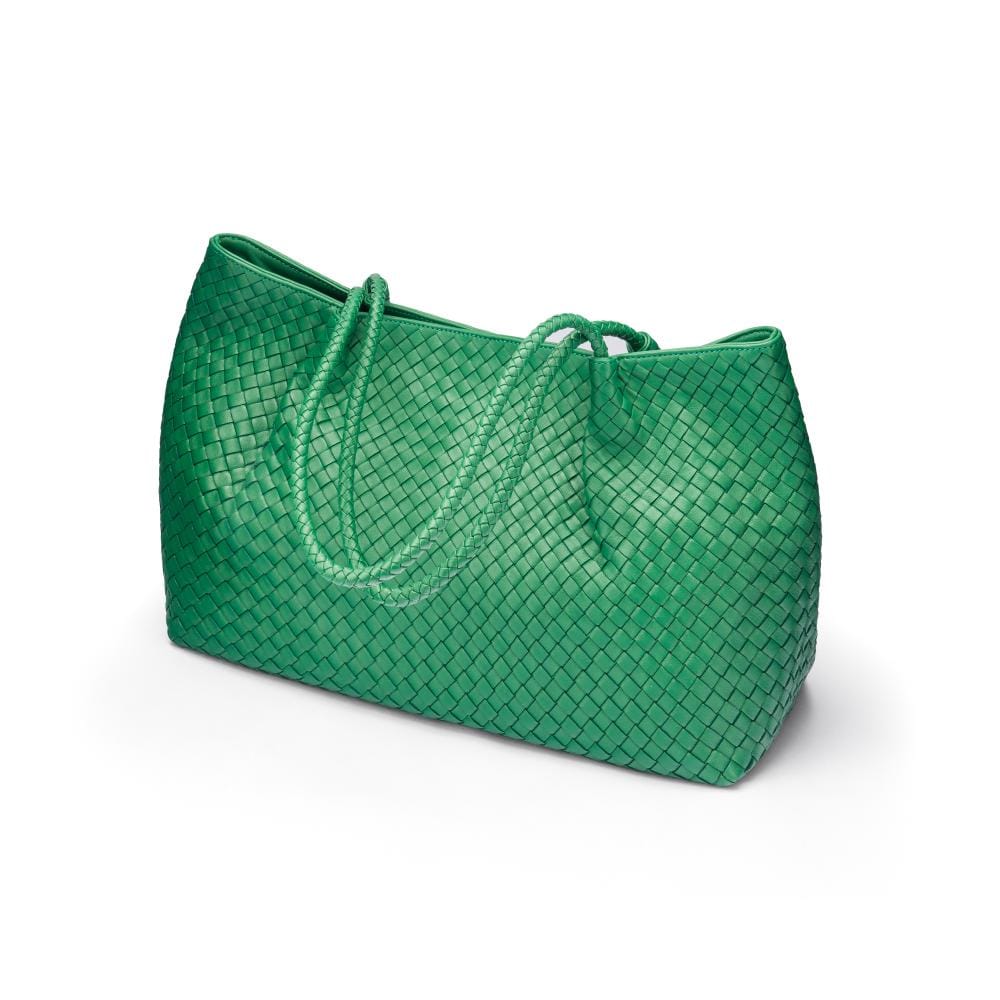 Woven leather slouchy bag, emerald, side