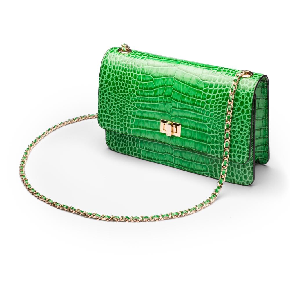 Leather chain bag, emerald croc, side view