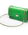 Leather chain bag, emerald croc, side view